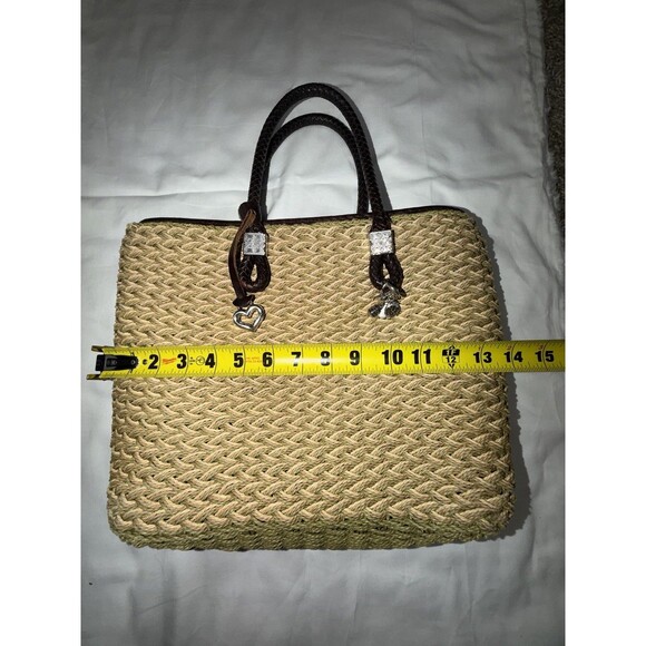 Brighton Straw Woven Tote Bag Braided Leather Handles Silver Heart Charms - Picture 3 of 8